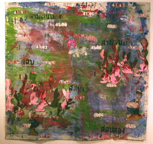 allmighty baht 2005 . 60 x 60 inches . thai silk . commercial fabric . canvas . felt . acrylic and pigment